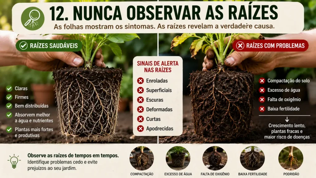 12. Nunca observar as raízes
As folhas mostram os sintomas. As raízes revelam a verdadeira causa.
Sempre que uma planta apresentar dificuldade para crescer, vale a pena observar cuidadosamente o sistema radicular.
Raízes saudáveis costumam ser claras, firmes e bem distribuídas.
Já um solo com problemas pode produzir raízes:
enroladas;
superficiais;
escuras;
deformadas;
curtas;
apodrecidas.
Esses sinais indicam compactação, excesso de água, deficiência de oxigênio ou baixa fertilidade.
Observar as raízes de tempos em tempos permite identificar problemas antes que eles comprometam todo o jardim.