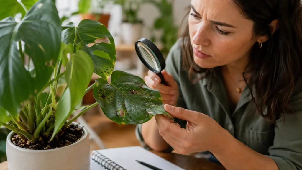 Mulher inspecionando folhas de uma planta com uma lupa para identificar sinais de pragas, manchas e danos causados por doenças em ambiente interno.