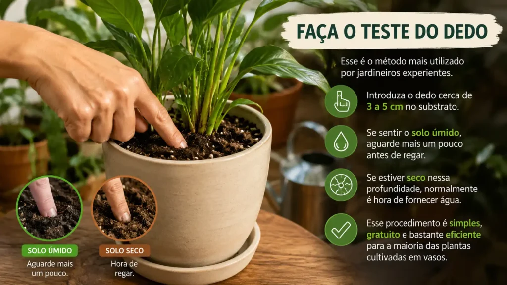 Pessoa introduzindo o dedo no substrato de uma planta em vaso para verificar a umidade do solo e identificar o momento ideal para realizar a rega.