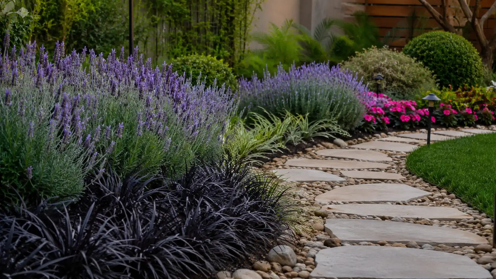 Plantas para bordaduras de jardim delimitando caminho de pedras e canteiro residencial