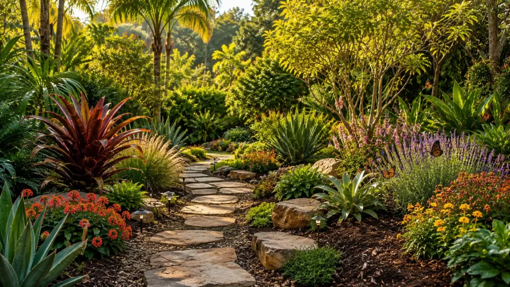 Jardim sustentável com plantas ornamentais, palmeiras, bromélias, flores e cobertura vegetal