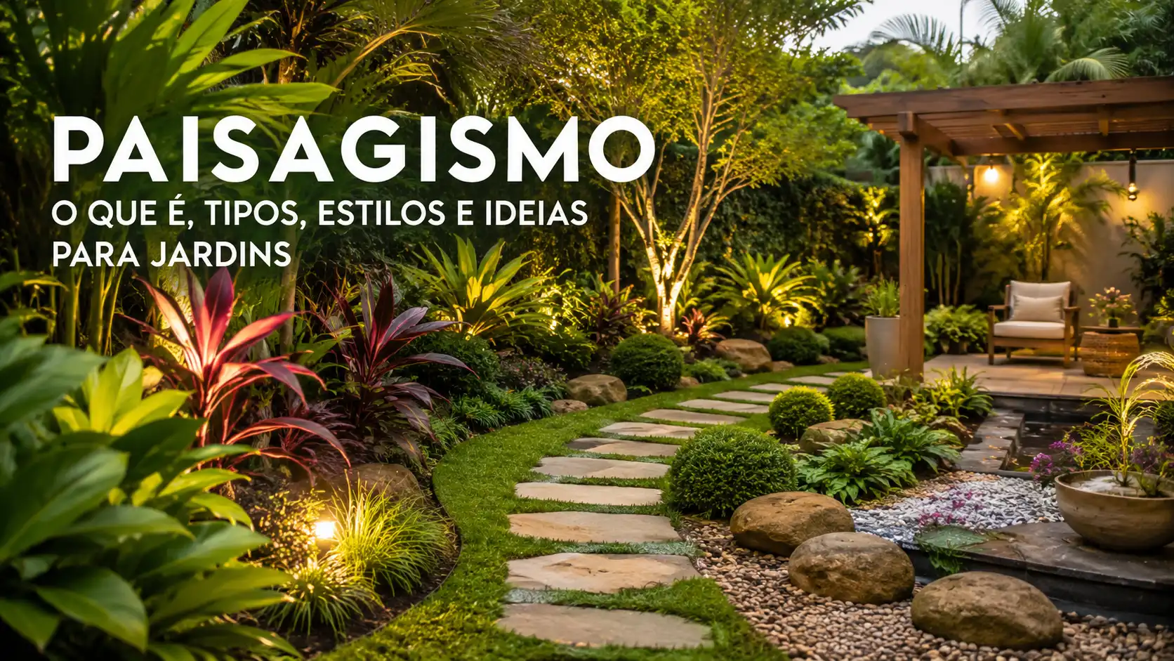 Paisagismo de jardim com plantas ornamentais, pedras, caminho e área de descanso