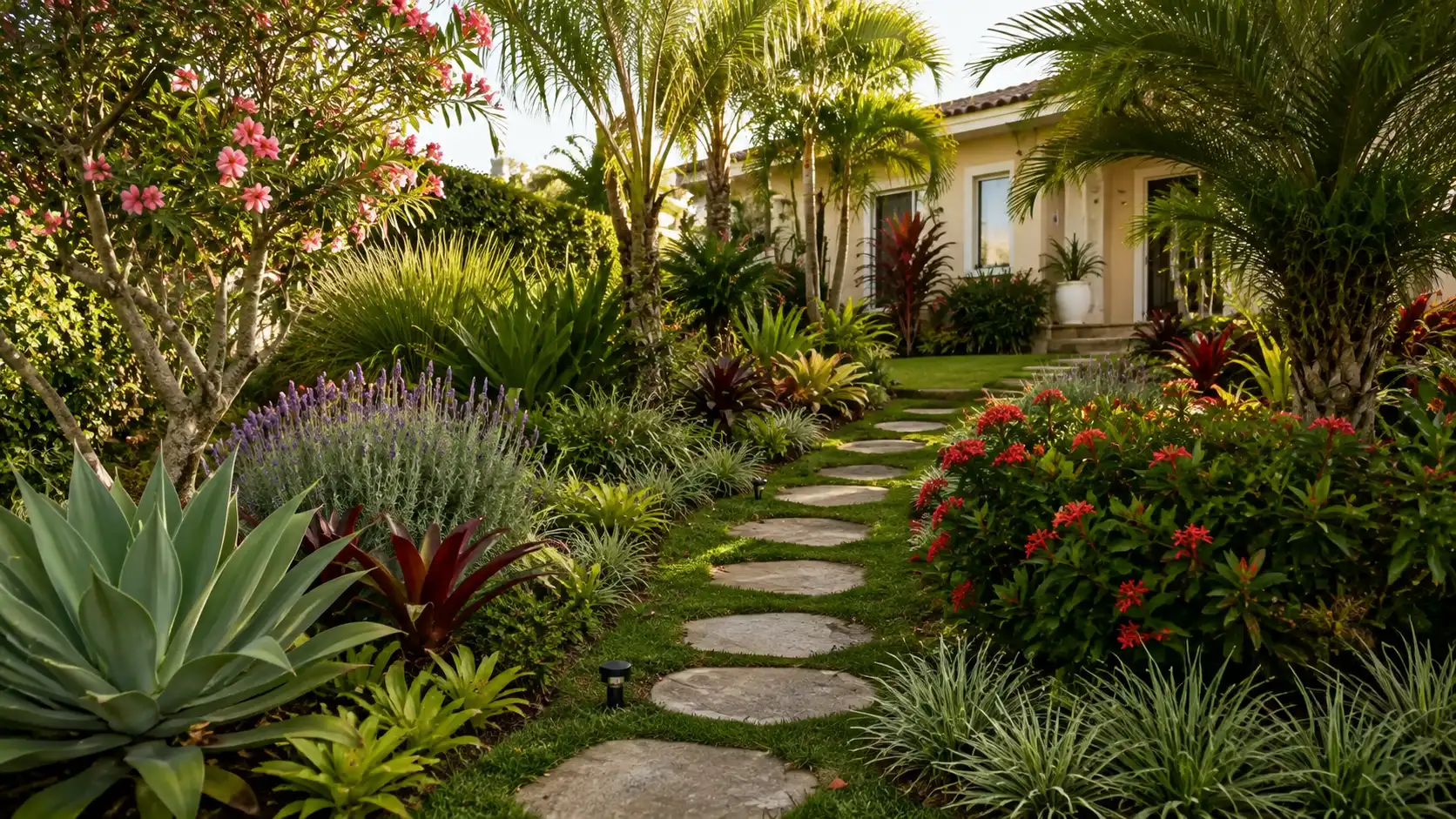 Jardim residencial brasileiro com agave, lavanda, bromélias, palmeiras, gramíneas e arbustos floridos