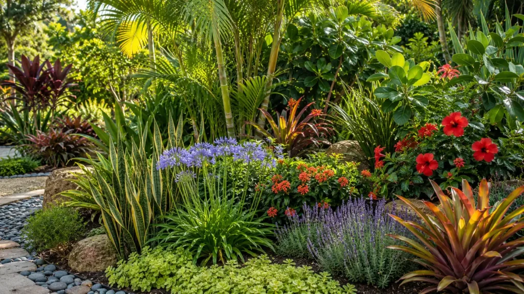 Jardim com variedade de plantas para paisagismo, incluindo espada-de-São-Jorge, agapanto, hibisco, bromélias e palmeiras