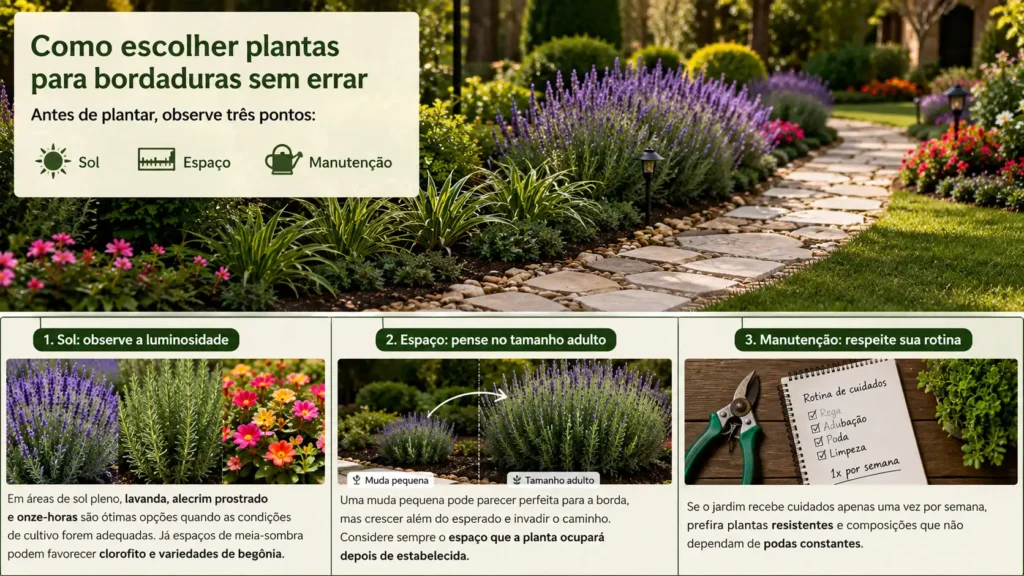Como escolher plantas para bordaduras de jardim considerando sol, espaço e manutenção.