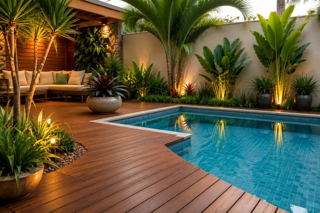 Piscina com deck de madeira cercada por plantas e jardim tropical