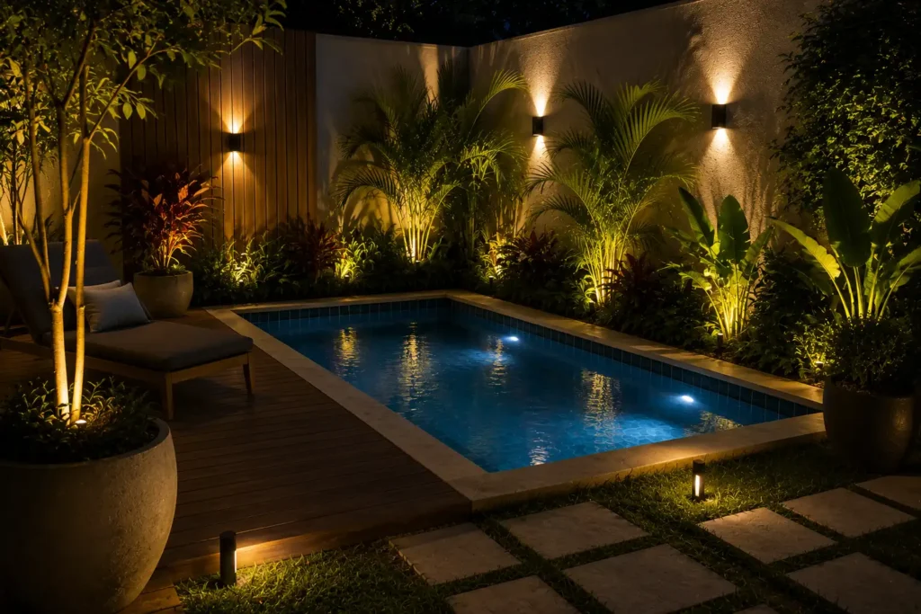 Piscina pequena iluminada à noite com plantas e paisagismo ao redor
