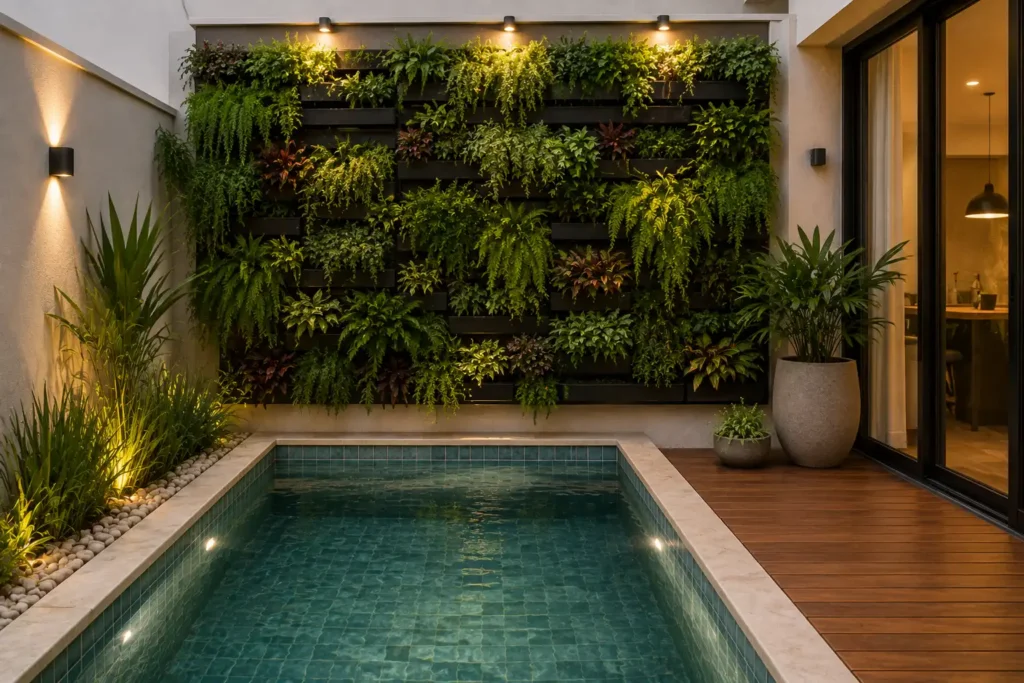 Jardim vertical com plantas ao lado de uma piscina pequena