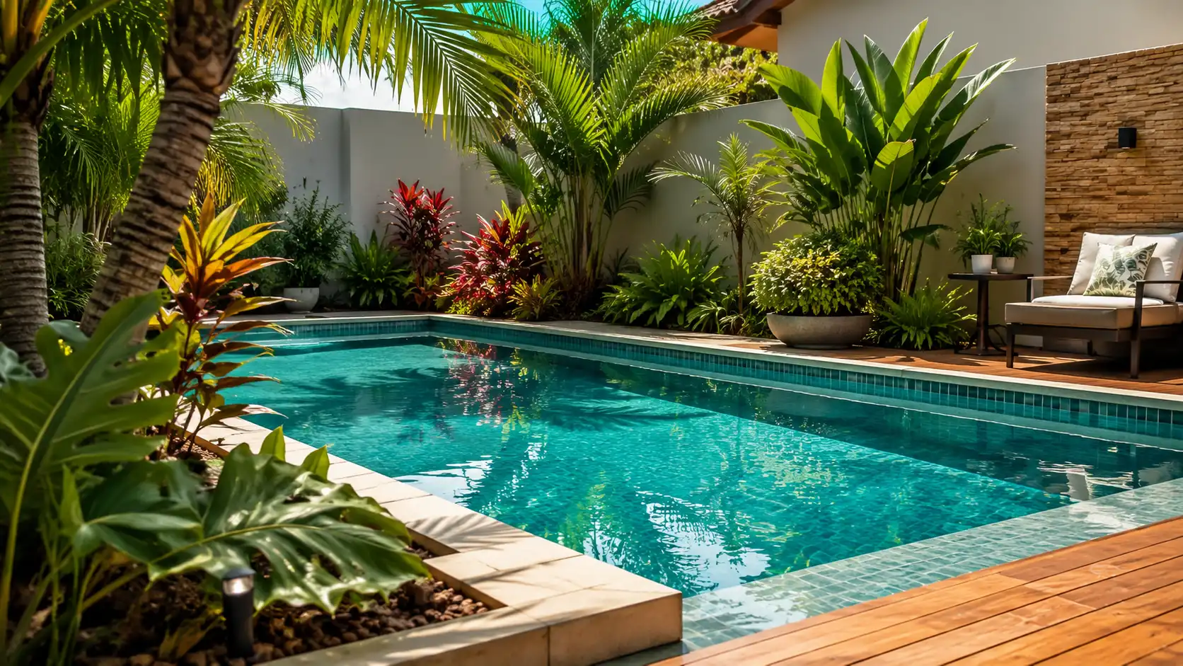 Piscina cercada por plantas e jardim tropical