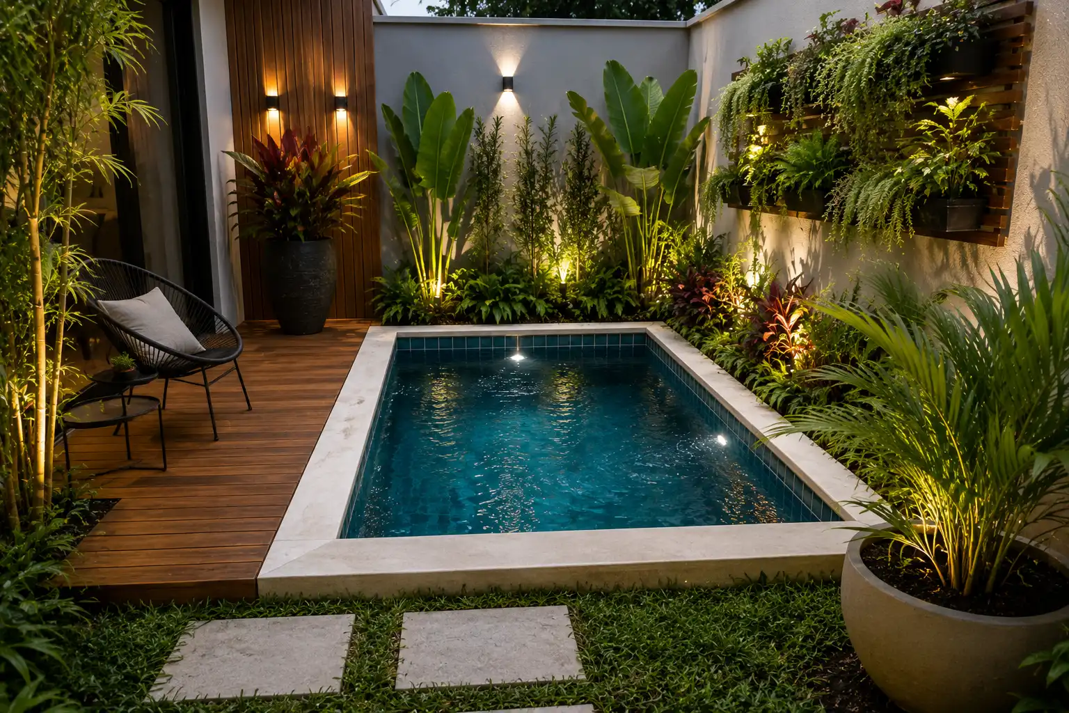 Piscina pequena com deck de madeira, plantas e vasos em área externa