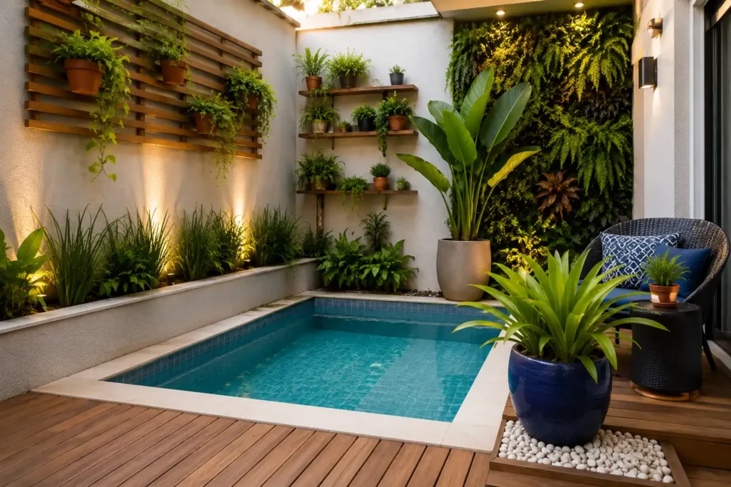Piscina pequena com plantas, vasos e jardim vertical