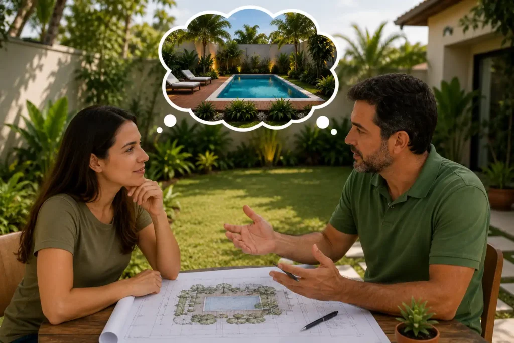 Casal conversando sobre projeto de paisagismo para uma futura piscina no jardim