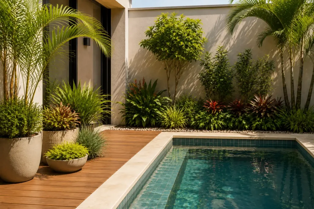 Plantas de pequeno porte em vasos e canteiros ao redor de uma piscina pequena