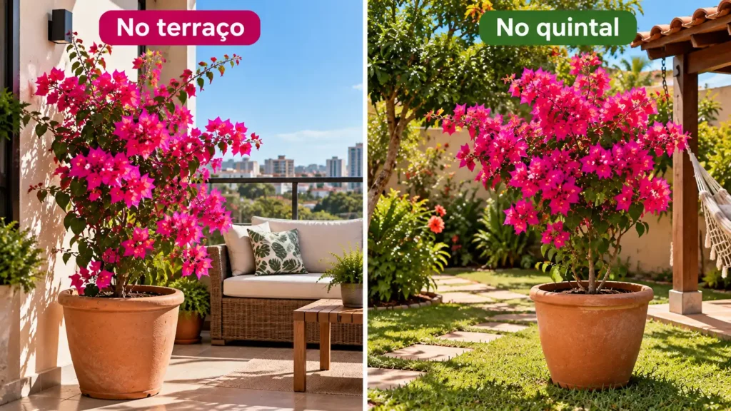 Primavera no vaso com flores rosas no terraço e no quintal