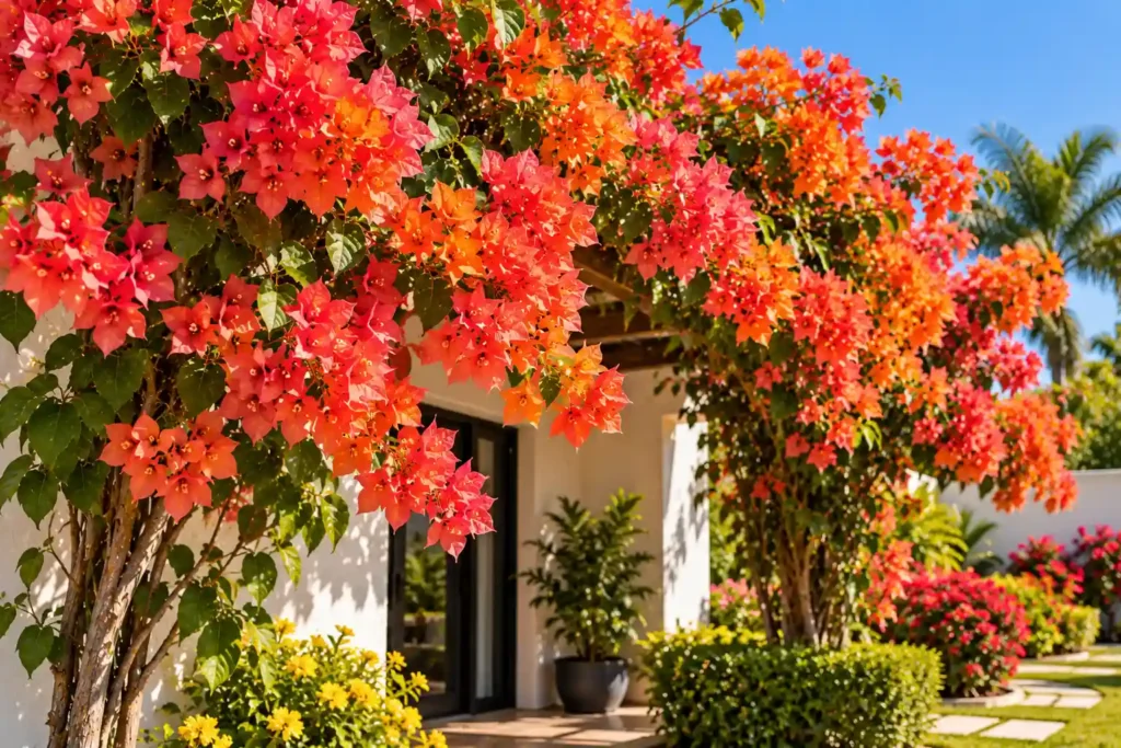 Buganvília coral e laranja florida sobre pérgula de madeira em jardim ensolarado