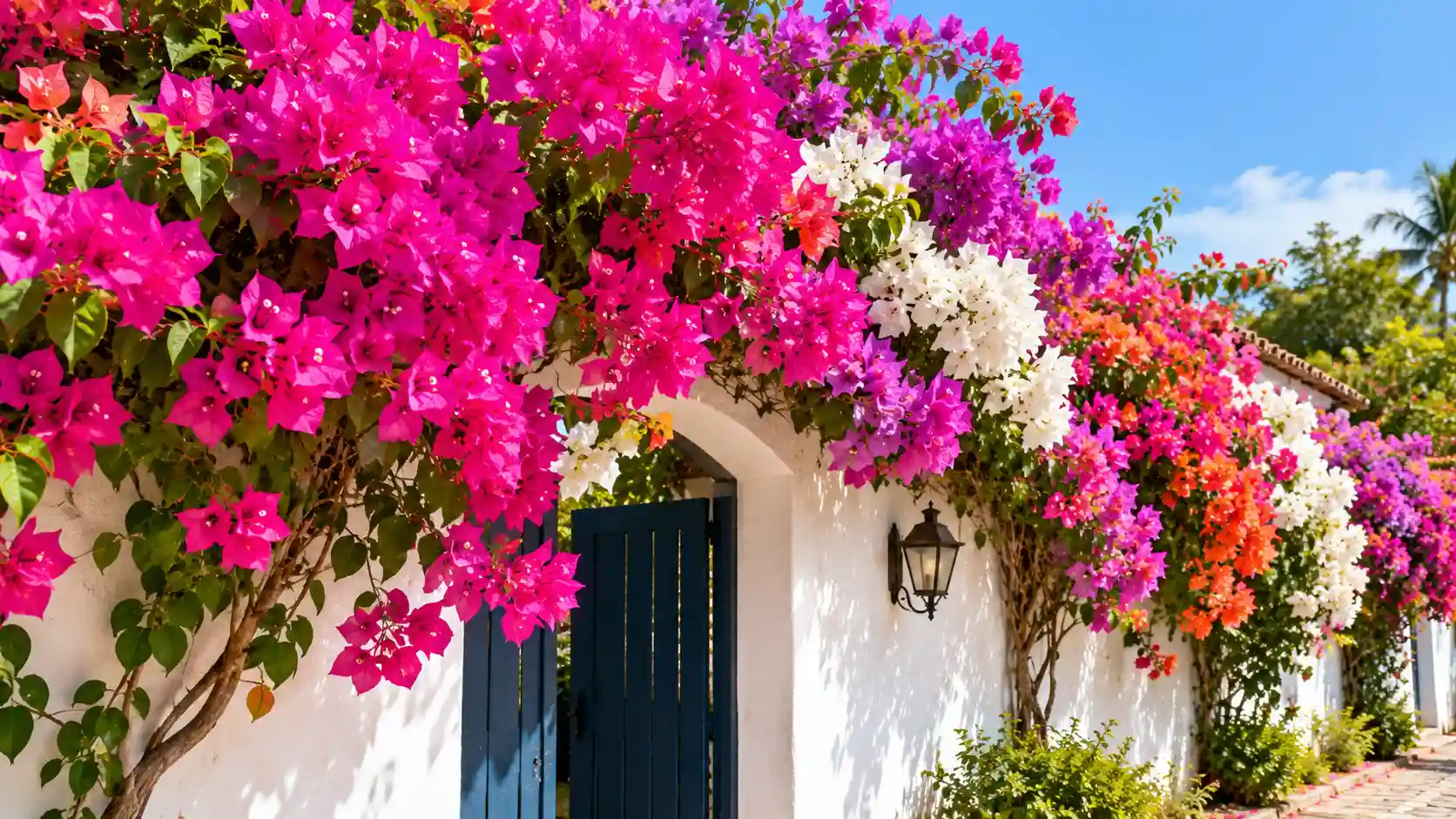 Buganvília com flores rosas, brancas e alaranjadas cobrindo o muro de um jardim ensolarado.