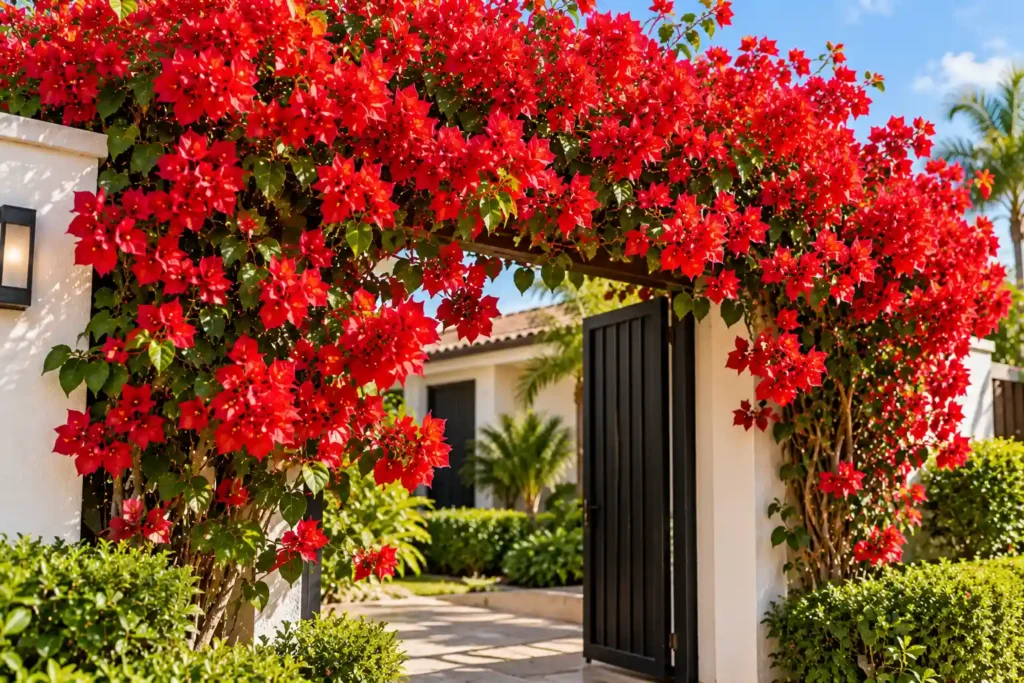 Buganvília vermelha florida formando um arco sobre o portão de entrada de um jardim