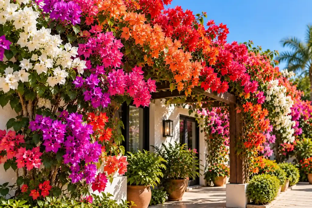 Buganvílias de várias cores, incluindo branco, rosa, roxo, coral e laranja, cobrindo uma pérgula de madeira em um jardim