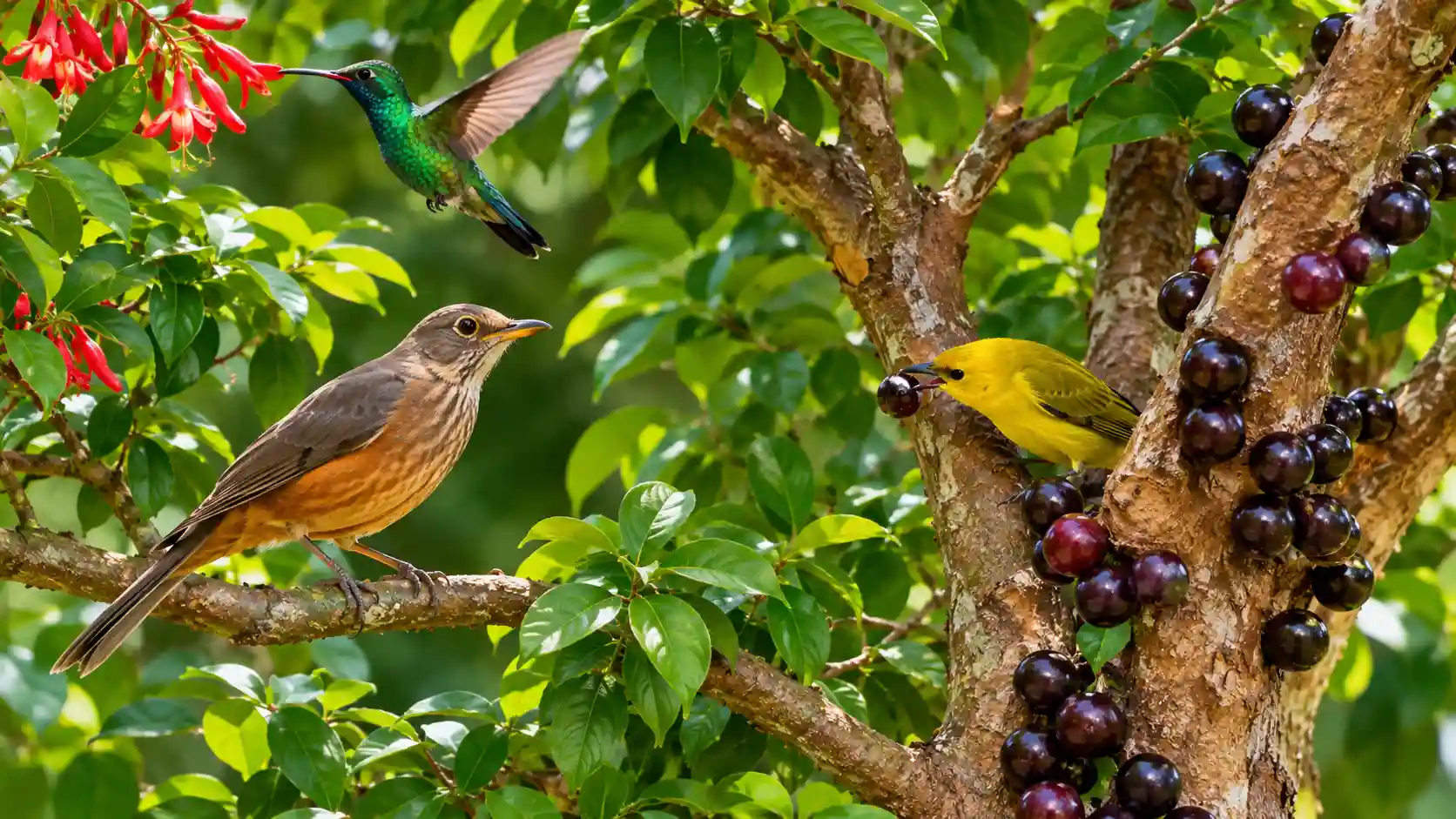 Árvores que atraem pássaros com frutos e folhas verdes, sabiá, pássaro amarelo e beija-flor no jardim.
