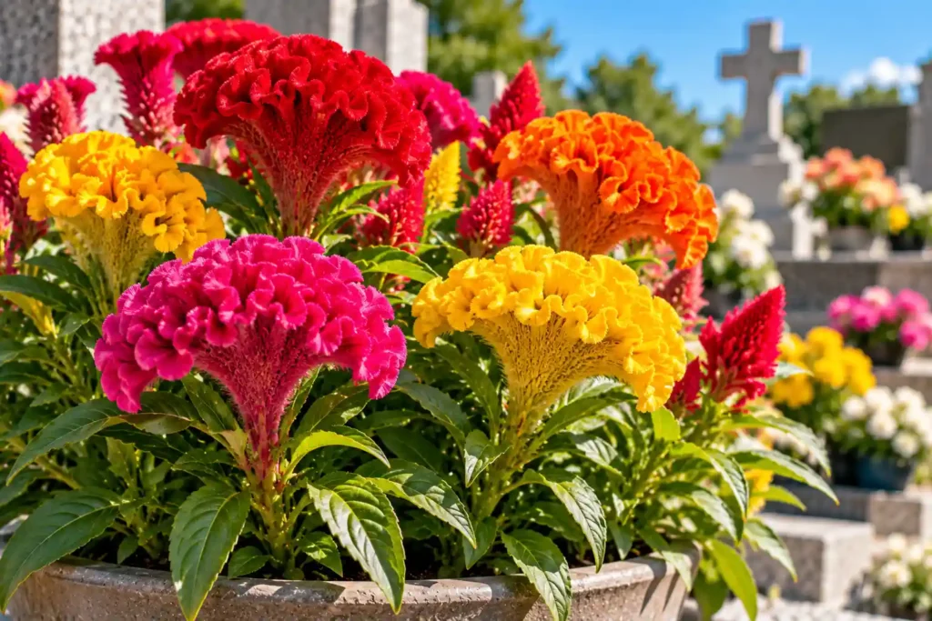 Crista-de-galo com flores vermelhas, rosas, amarelas e laranjas em vaso sob sol pleno.