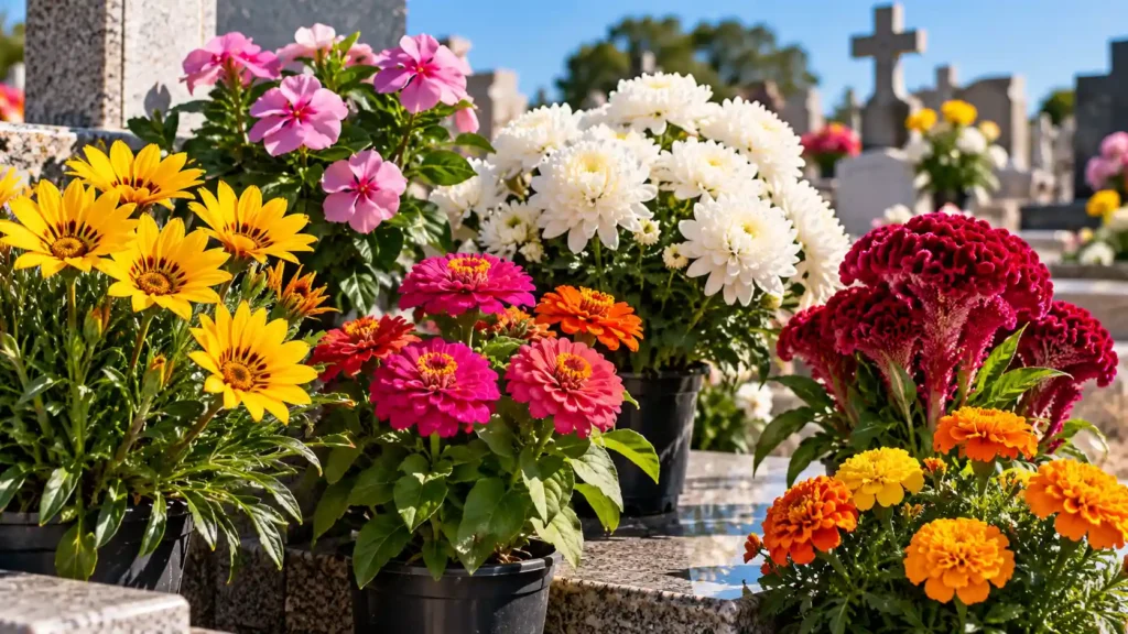 Flores coloridas em vasos sob sol forte em um cemitério para o Dia de Finados.