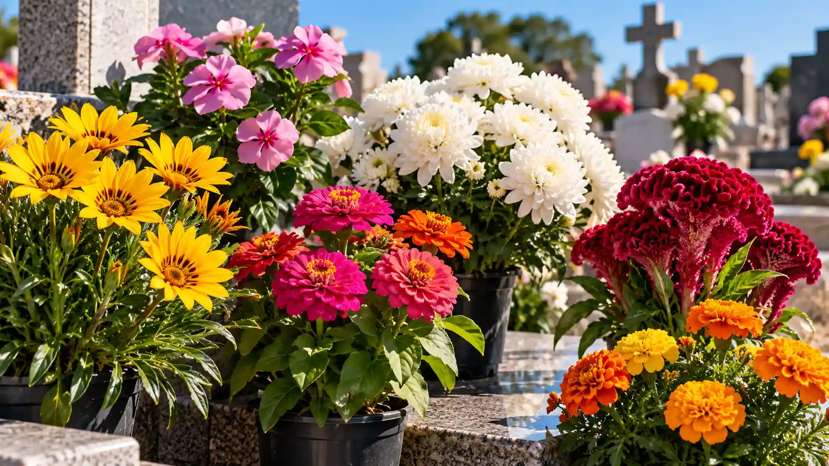 Flores coloridas em vasos sob sol forte em um cemitério para o Dia de Finados.
