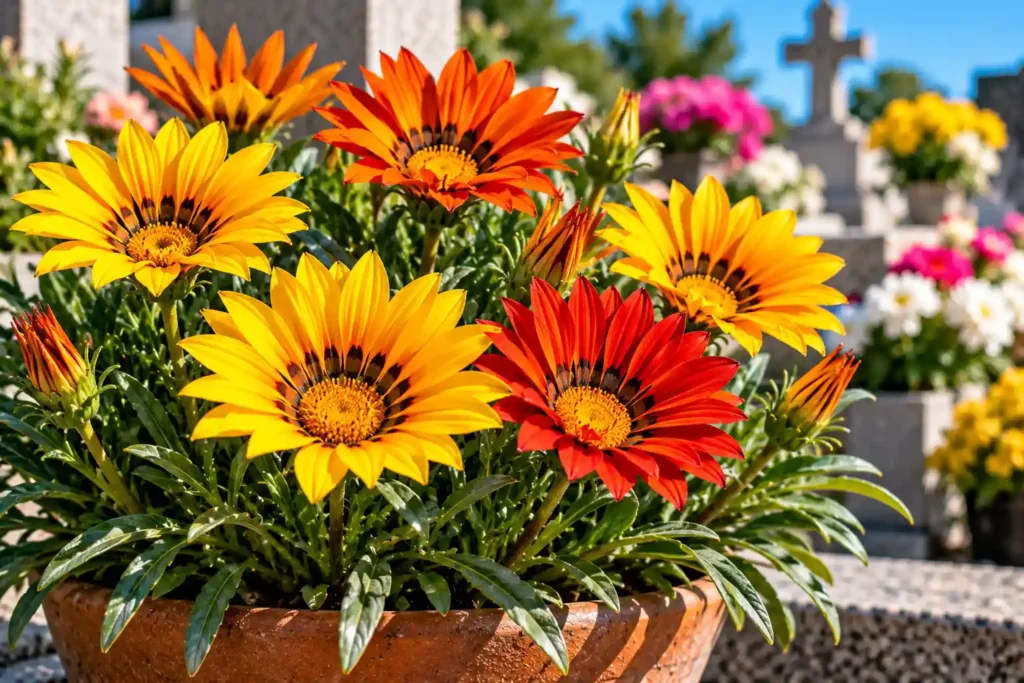 Gazânias amarelas e vermelhas cultivadas em vaso sob sol intenso.