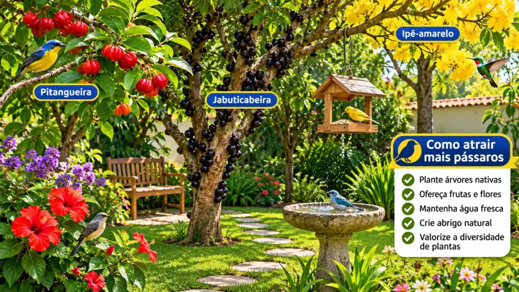 Jardim com árvores, arbustos e vegetação diversificada para oferecer alimento e abrigo às aves.