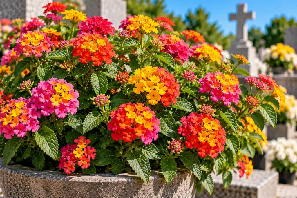 Lantana com pequenos grupos de flores amarelas, laranjas, rosas e vermelhas em vaso sob sol pleno.