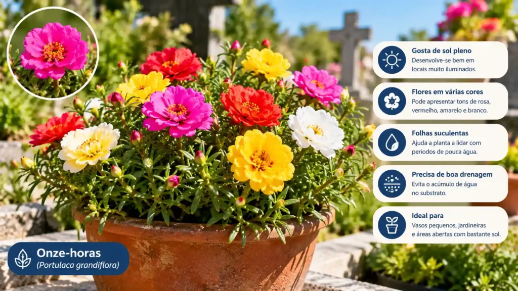 Onze-horas com flores rosas, vermelhas, amarelas e brancas em vaso sob sol pleno.