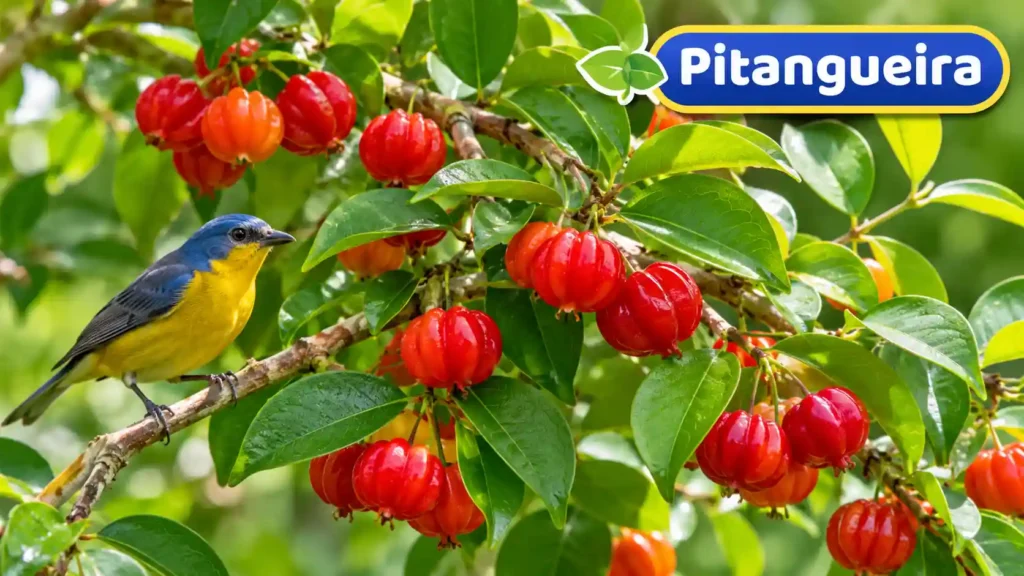 Pitangueira com frutos vermelhos maduros em seus galhos, atraindo pássaros para o jardim.