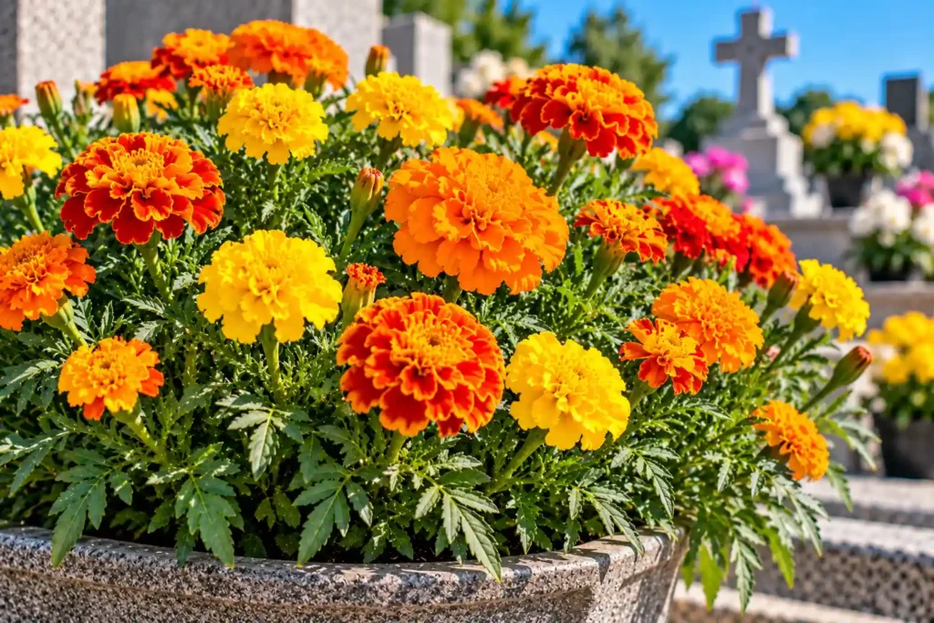Tagetes com flores amarelas e alaranjadas em vaso sob sol pleno.