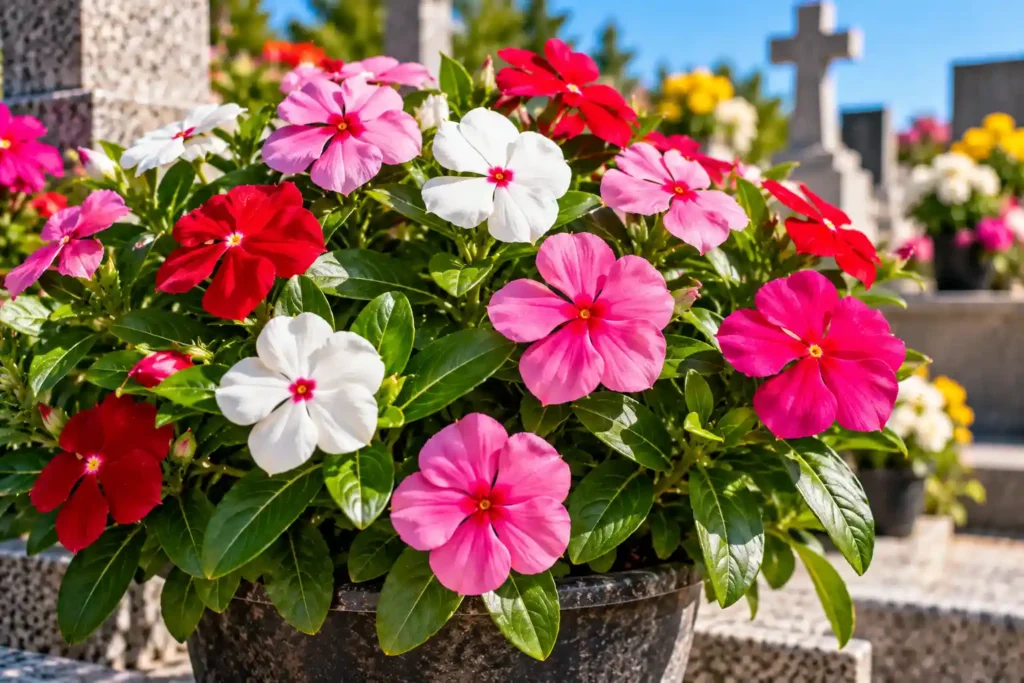 Vinca com flores rosas, vermelhas e brancas em vaso sob a luz do sol.